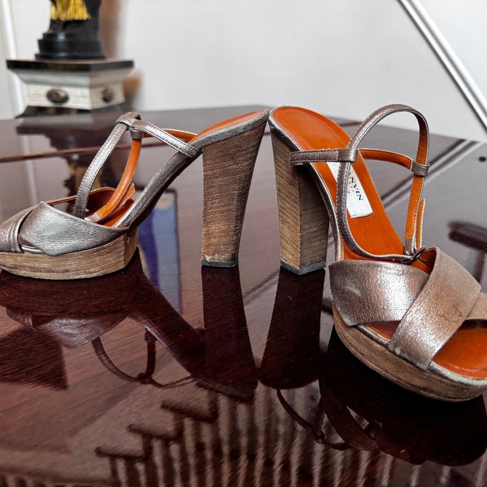 Lanvin Pewter Leather Block Heels with Platform